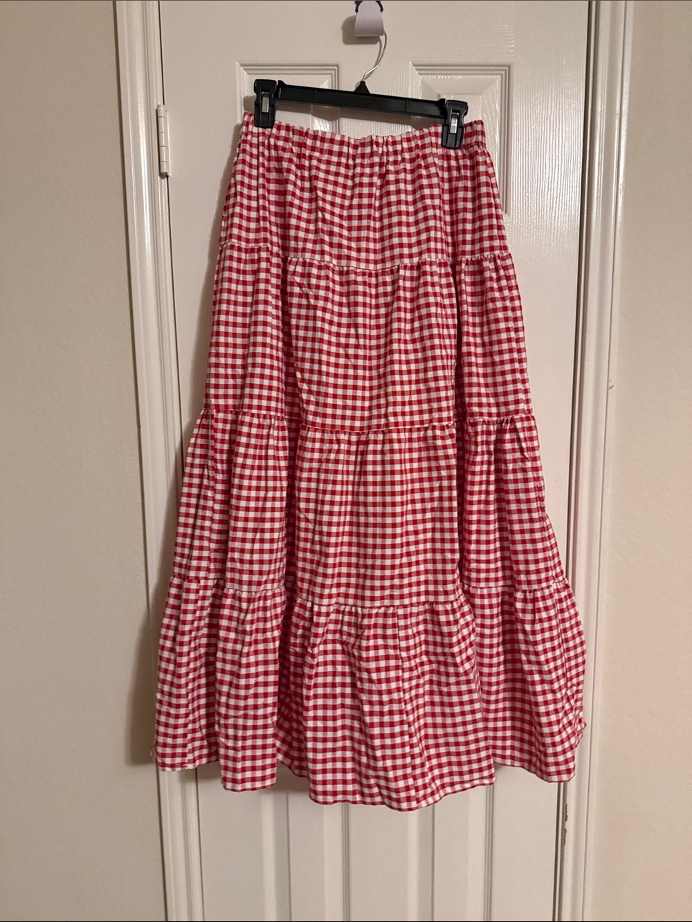 Red Gingham Tiered Midi Skirt
